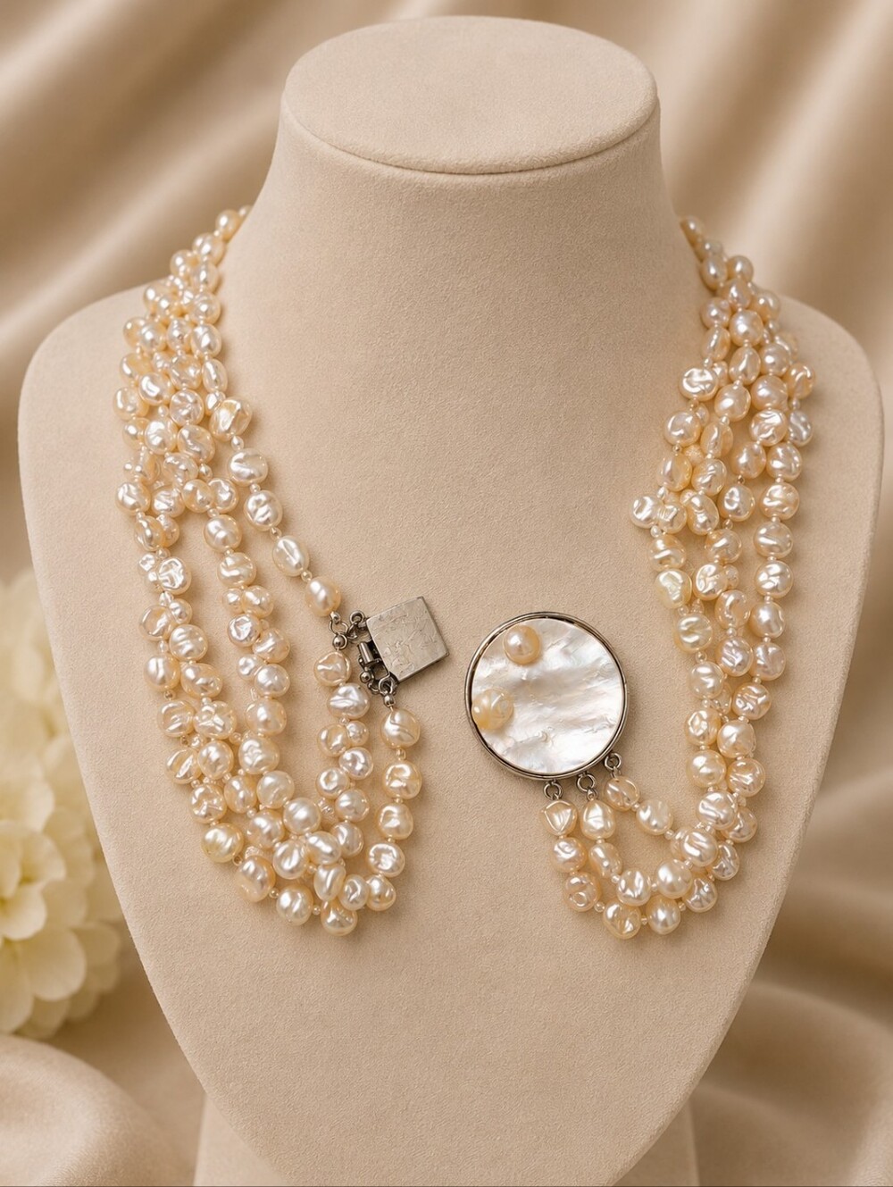 Vintage Three-Strand Freshwater Pearl Necklace with Mother-of-Pearl Clasp - Picture 3 of 4